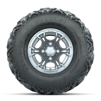 GTW Spyder Silver Brush 10 in Wheels with 22x10-10 Barrage Mud Tires  Full Set