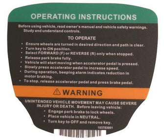 Club Car Precedent Electric Operating Instructions Decal (Years 2012-Up)