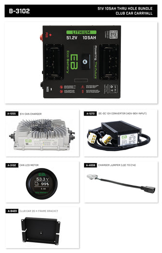 Club Car Carryall Eco Lithium 51v 105Ah Battery Bundle - Thru Hole